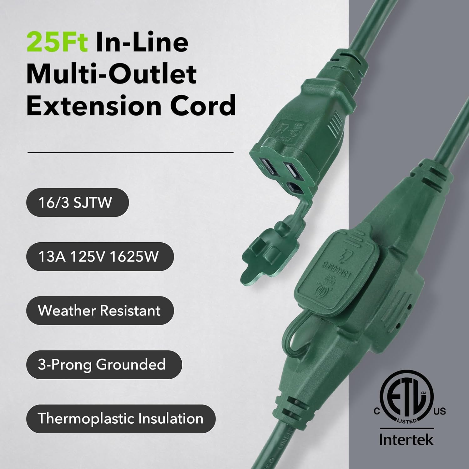 25 ft Outdoor Extension Cord w/3 Inline Outlets 16/3 Gauge SJTW Green Bn-link