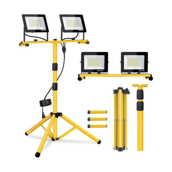 LED Work Lights with Stand, 3 Adjustable Head LED Work Light with Foldable Tripod Stand, Waterproof Lamp with Individual Switch for Outdoor Indoor Bn-link