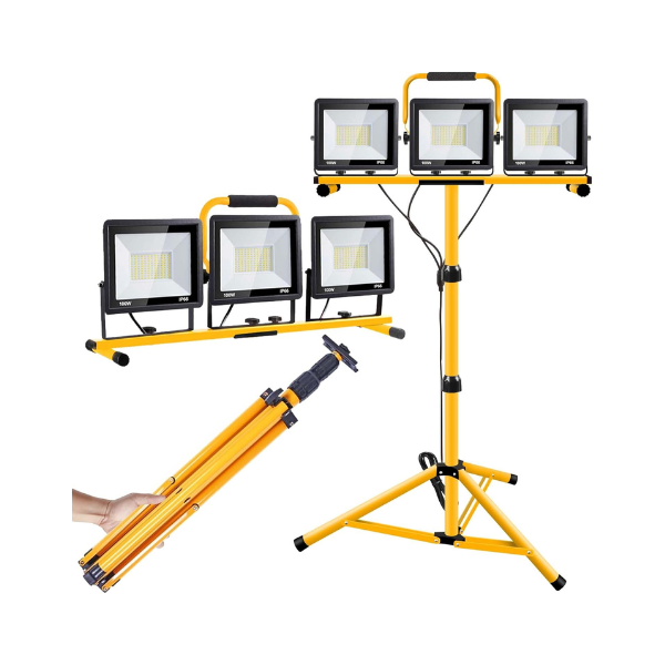 LED Work Lights with Stand, 3 Adjustable Head LED Work Light with Foldable Tripod Stand, Waterproof Lamp with Individual Switch for Outdoor Indoor Bn-link