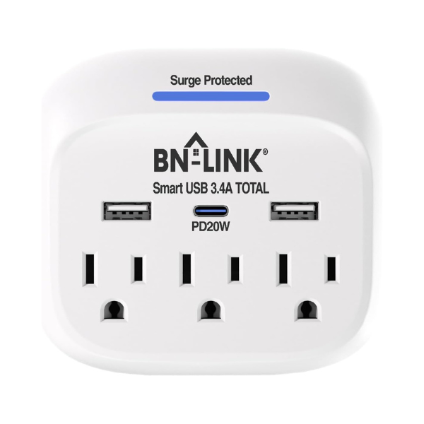 PD 20W USB C Surge Protector Multi Wall Plug Outlet Splitter Extender 3 Outlets with USB C BN-LINK