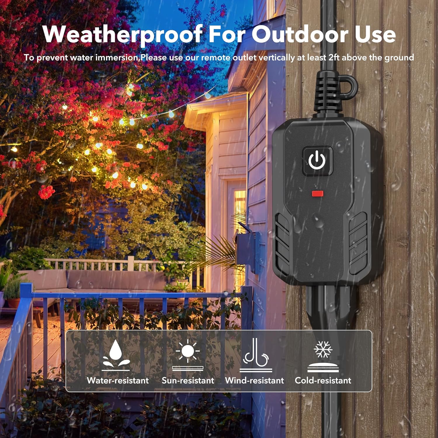 Outdoor Remote Control Outlet Plug Heavy Duty 15A 3-Prong Outlet 6-inch Cord 100Ft Range Battery Included Bn-link