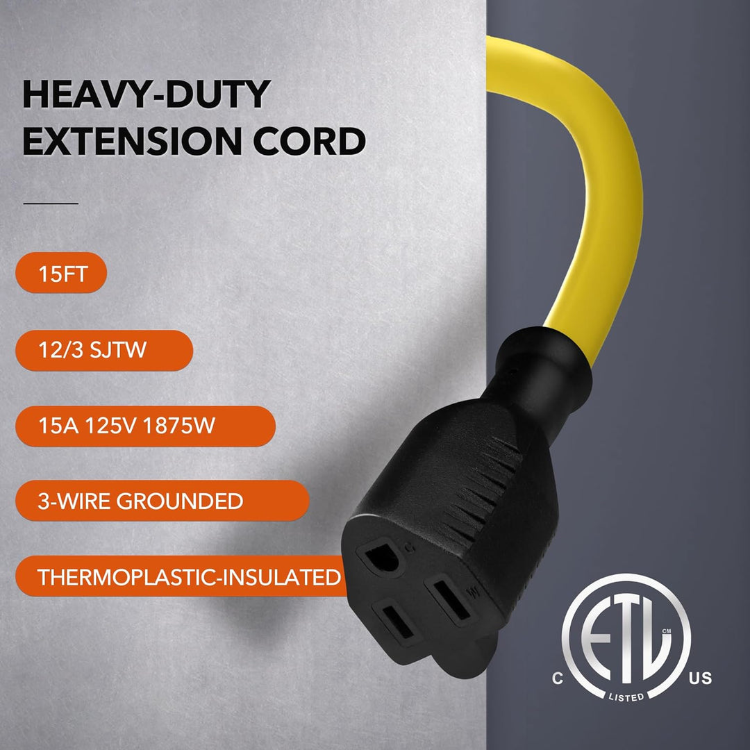 15ft Waterproof Outdoor Extension Cord 12/3 SJTW Heavy Duty Power