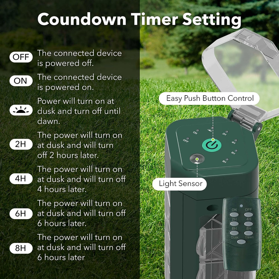 HBN Outdoor Power Strip Timer with Photocell(w Remote Control) Yard Stake Countdown Timer(2 4 6 8 Hour)weatherproof Outside Lights Timer Dusk to Dawn
