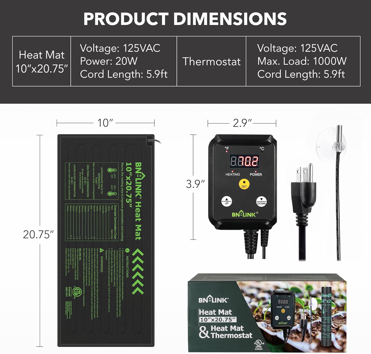 Durable Seedling Heat Mat Heating Pad 10" x 20.75" with Digital Thermostat Set