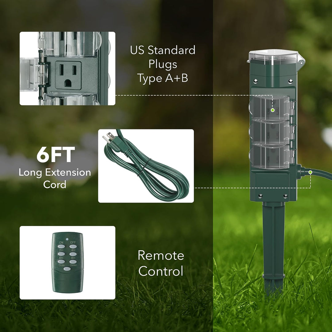 BN-LINK Outdoor Power Strip Yard Stake Photocell Dusk Till Dawn Timer, 6 Outlets 6 ft Weatherproof Cord