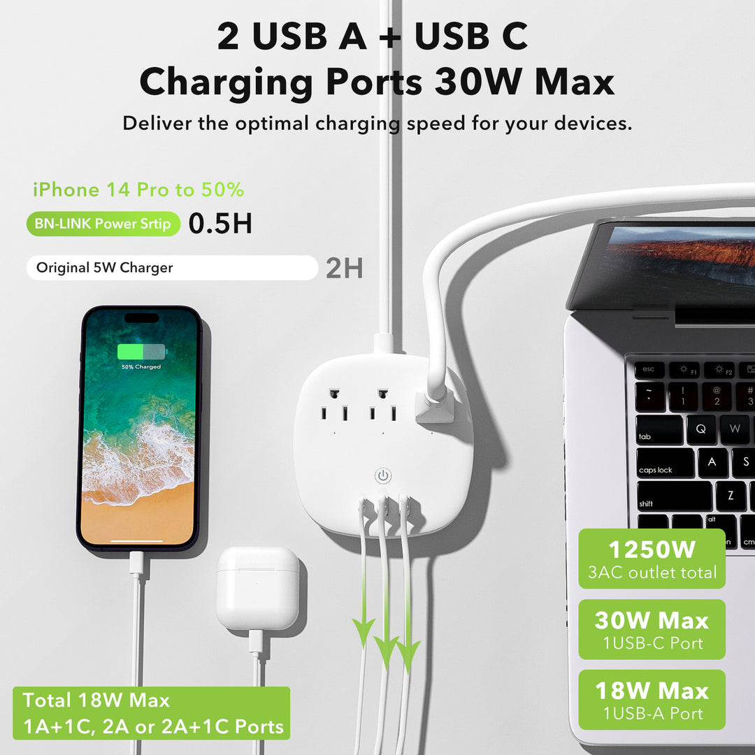 Power Strip with 3 Outlet & 3 USB - 6 FT Cord with Low Profile Flat Pl - BN- LINK