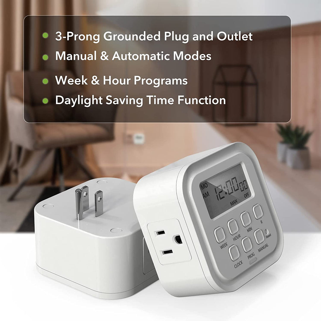 Fosmon [2 PACK] 7 Day Programmable Digital Timer Outlet, Digital Light Wall  Timer with ON/Off Programs, Mini Indoor Single Plug-in Timers for