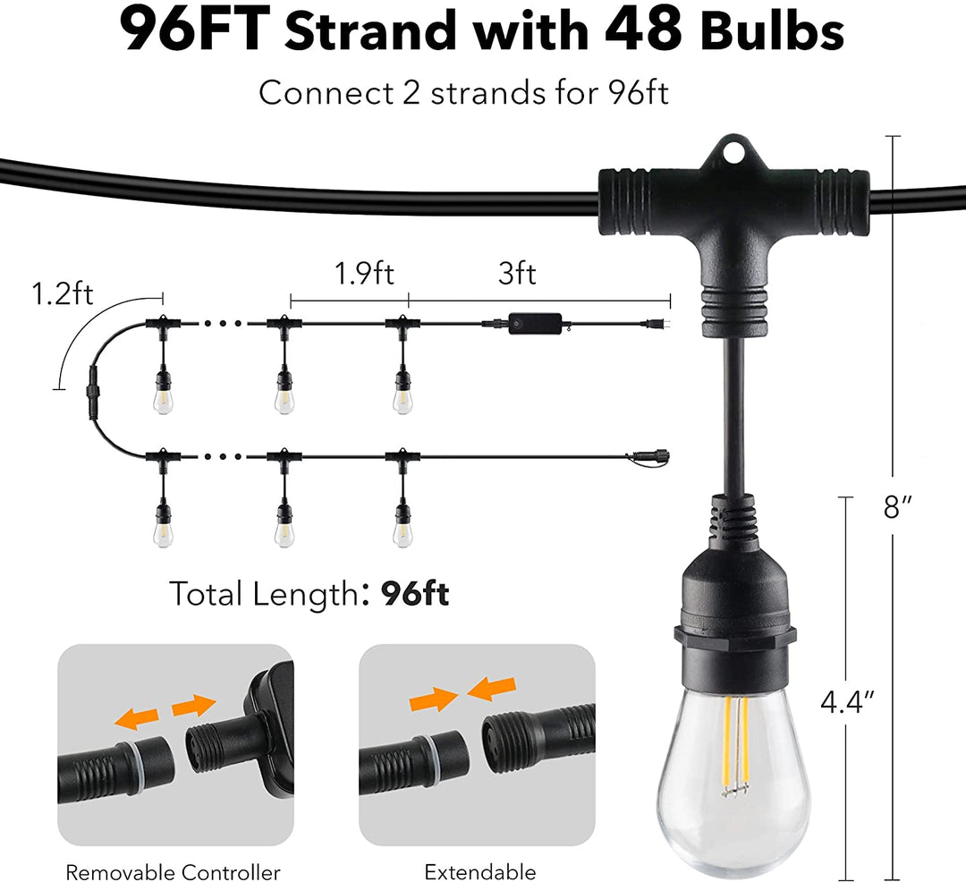 BN-LINK 96FT Outdoor String Lights-Smart Outside String lights-30 LED Bulbs Dimmable & Shatterproof, 2.4 GHz Wi-Fi & Bluetooth App Control, Works