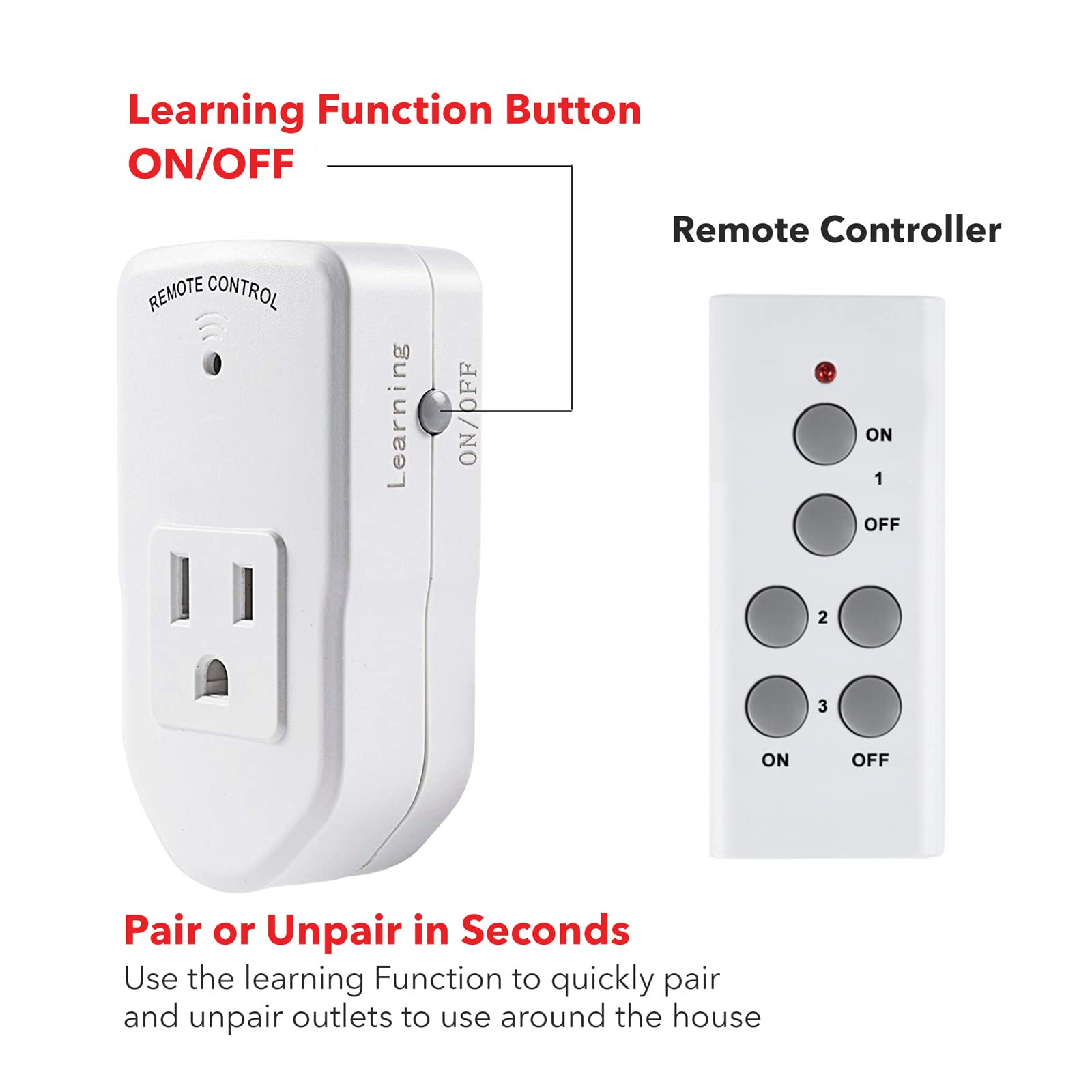 Wireless Remote Control Outlet (Learning Code, 3Rx-1Tx) 1200W/10A BN-L