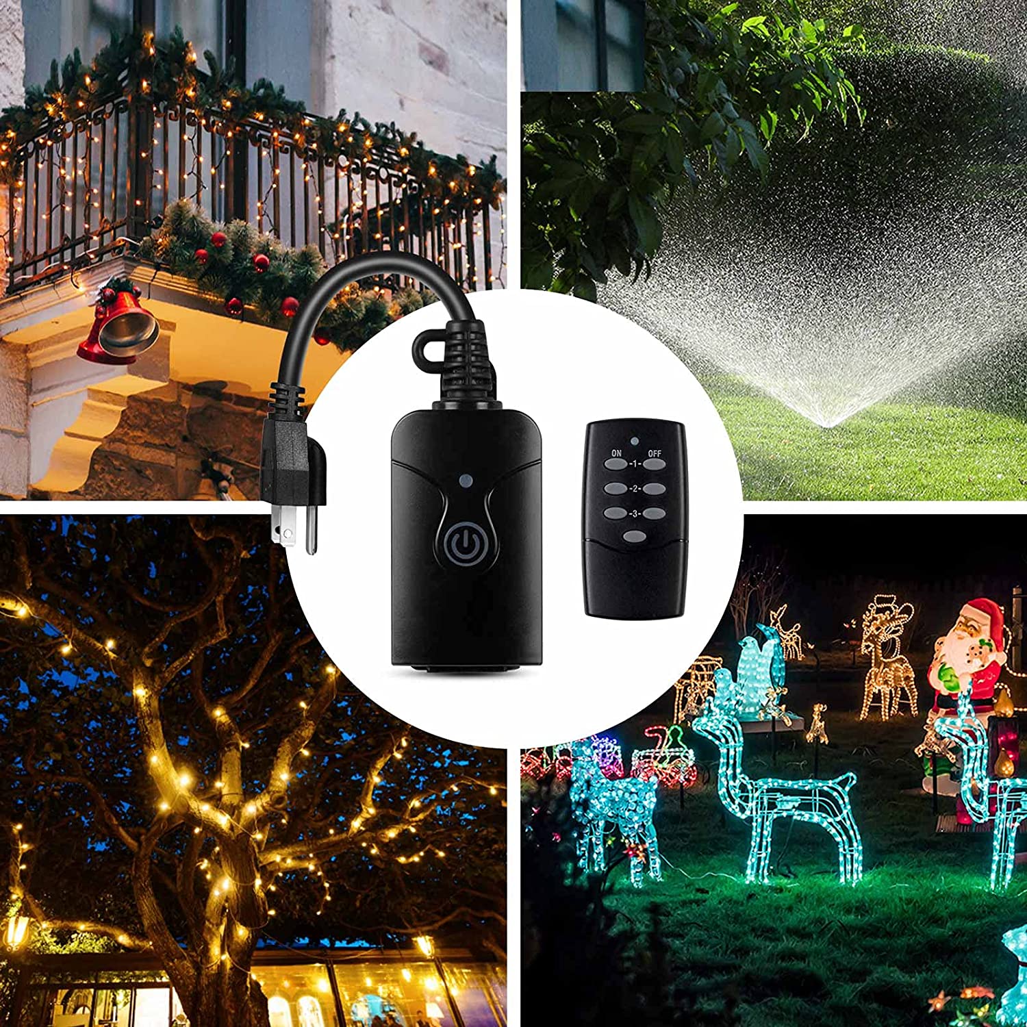 BN-LINK Outdoor Indoor Wireless Remote Control 3-Prong Outlet Weather Proof  Heavy Duty 15 AMP Compact (Black) 3 Grounded Outlets with Remote 6-inch