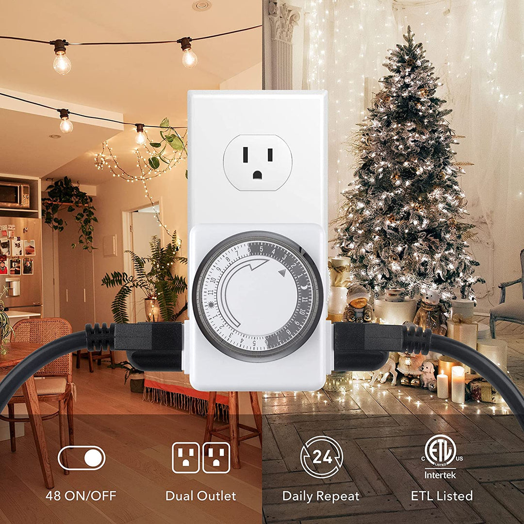 BN-LINK Heavy Duty Mechanical 24 Hour Timer Dual Outlet 3-Prong Accurate  Indoor for Lamps Fans Christmas Lights White AC 1875W 1/2 HP, UL Listed