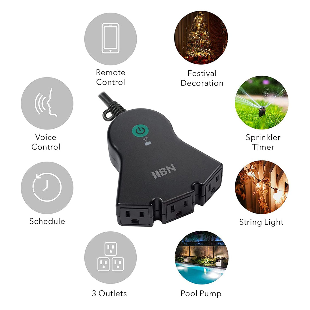 Outdoor Smart Plug, Waterproof Wi-Fi Outlet with 2 Sockets, Alexa, Google