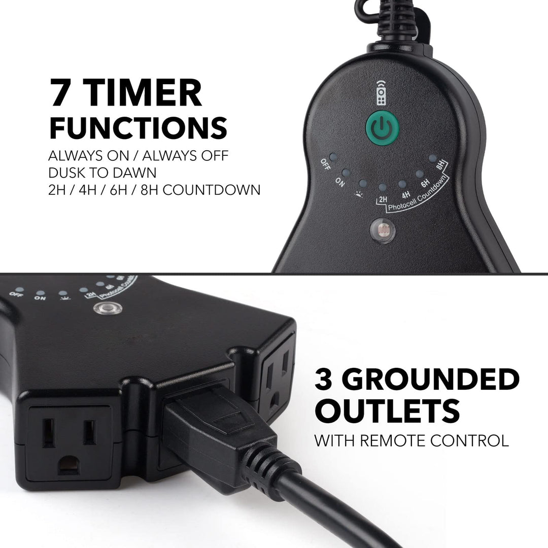 Outdoor Remote Control Outlet with Wireless Remote and Countdown Timer, Weatherproof Light Timer Plug-In Switch, 100ft Range Wireless - UL Listed